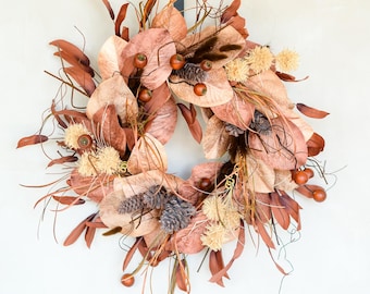 Muted Copper Suede Magnolia and Smooth Pod Wreath | Modern Fall Front Door Decor | Textured Tonal Harvest Entryway Statement