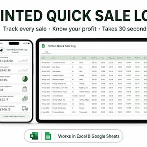May include: A digital sales log displayed on a smartphone and tablet. The screen shows sales data, including total sales, profit, and profit margin. The text reads "VINTED QUICK SALE LOG" and "Track every sale • Know your profit • Takes 30 seconds."