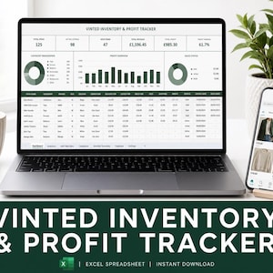 May include: A laptop displays a Vinted inventory and profit tracker spreadsheet, with a smartphone showing Vinted listings. The image includes a coffee mug, a potted plant, and the text "VINTED INVENTORY & PROFIT TRACKER".