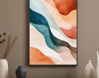 Boho kust abstracte kunstprint: terracotta blauwgroen oceaangolven (digitale download)