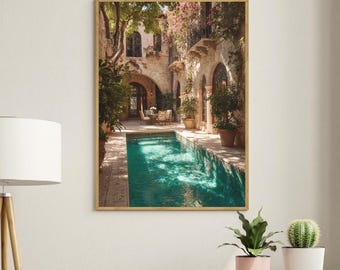 Tuscan Villa Courtyard Print: Mediterranean Pool, Rustic Home Decor (Digital Download)