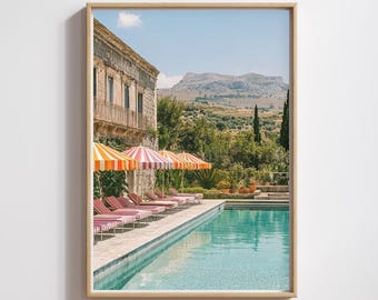 Mediterran am Pool Poster: Retro italienische Villa Küsten Kunst (Digitaler Download)