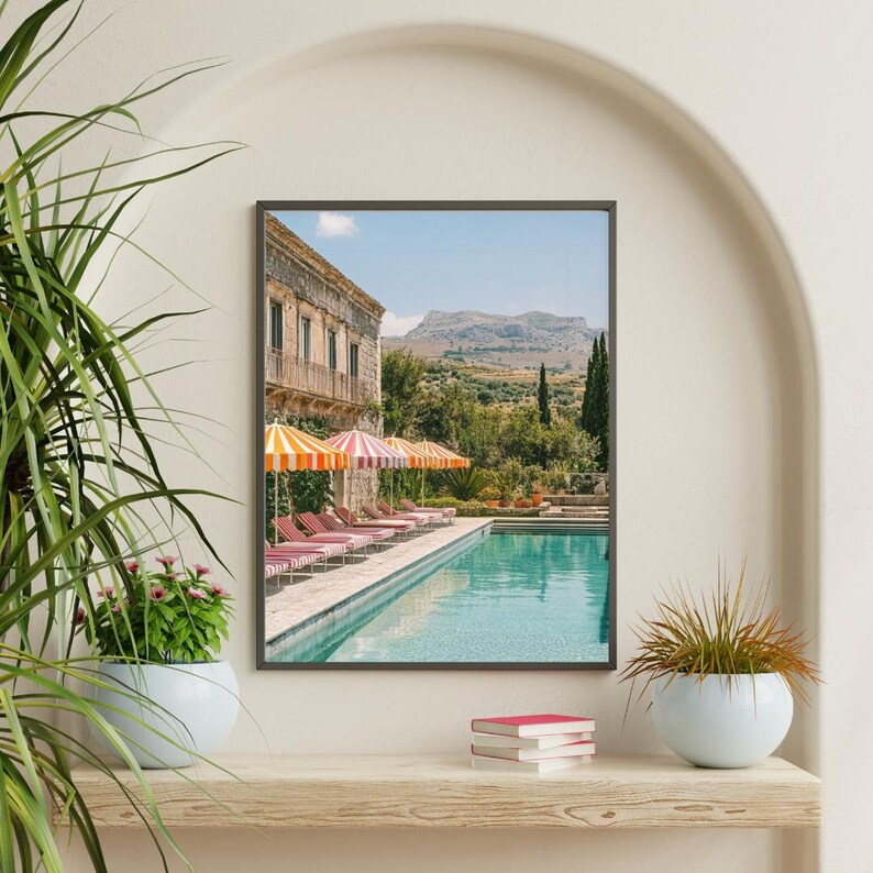 Mediterranean Poolside Print: Retro Italian Villa Coastal Art (digital ...