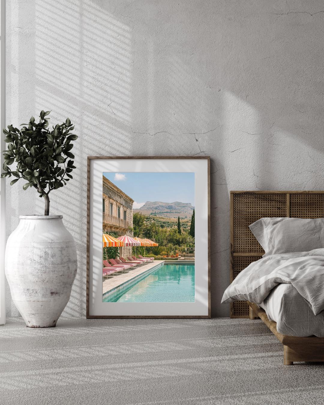 Mediterranean Poolside Print: Retro Italian Villa Coastal Art (digital ...