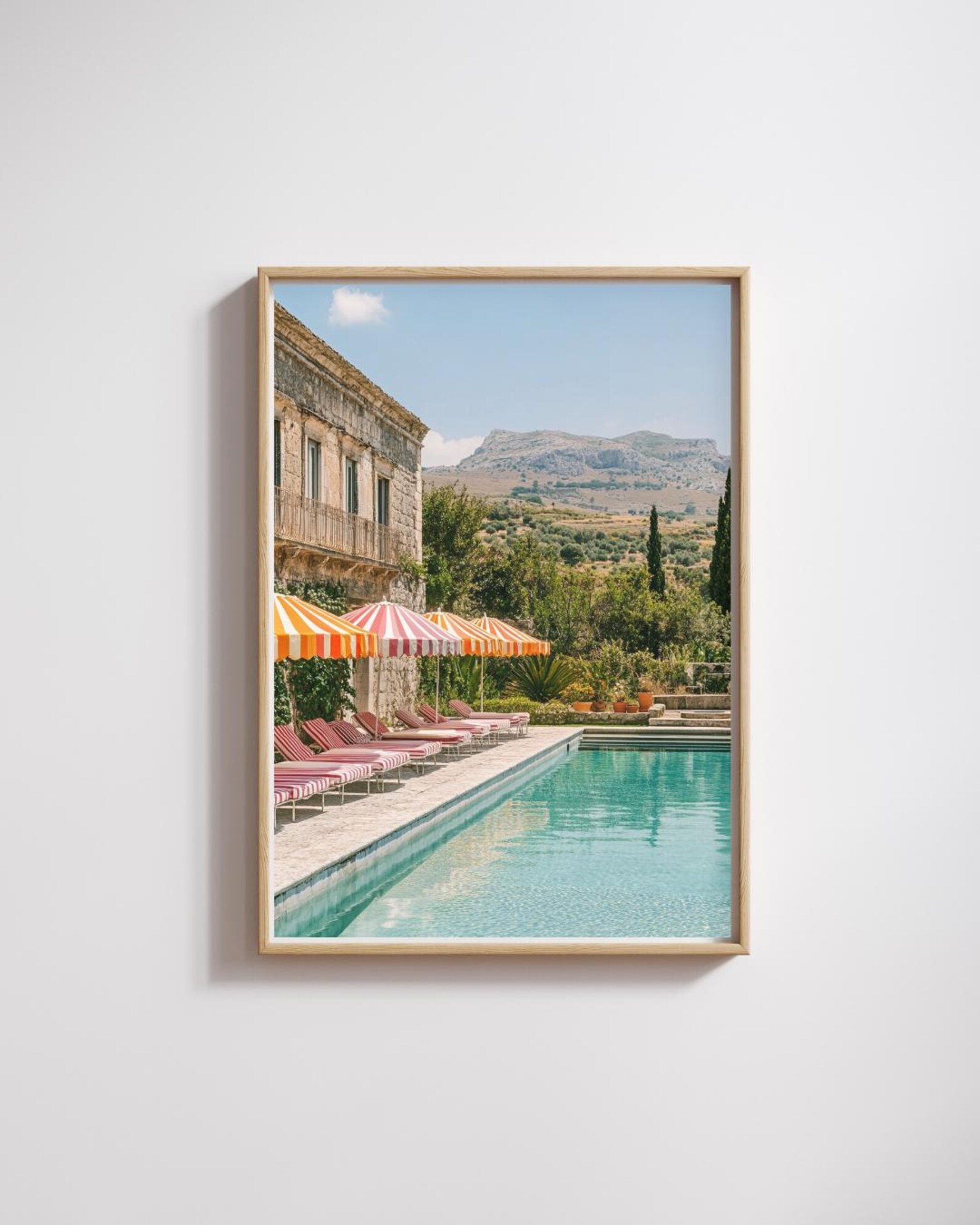 Mediterranean Poolside Print: Retro Italian Villa Coastal Art (digital ...