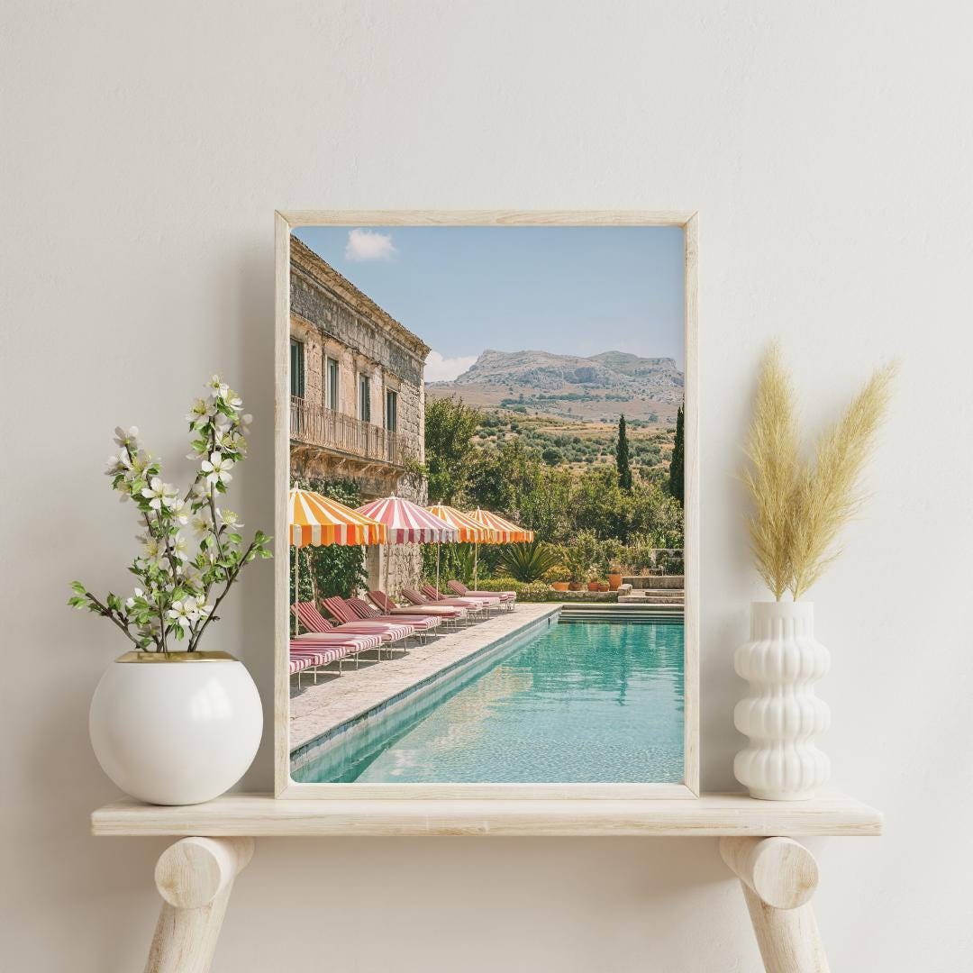 Mediterranean Poolside Print: Retro Italian Villa Coastal Art (digital ...