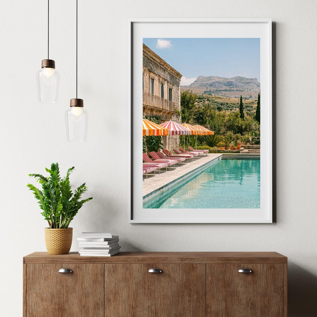 Mediterranean Poolside Print: Retro Italian Villa Coastal Art (digital ...