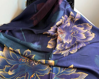 Luxury Navy Blue Silk Scarf: Purple & Gold Lotus Flower Print