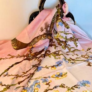 100% Silk Luxury Van Gogh Baby Pink Scarf, Almond Blossom Art Print, Elegant Wrap, Perfect Gift for Mom, Gift for her, Silk Scarf, Valentine