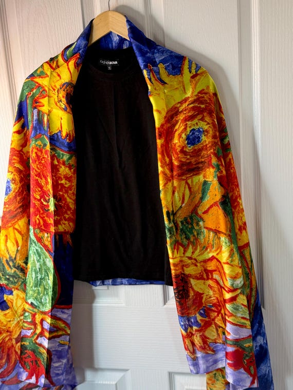 Van Gogh Silk Scarf: Six Sunflowers Print - Elegant Blue Shawl