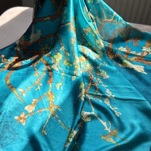 100% Silk Luxury Van Gogh Almond Blossom Scarf – Shawl, Art Print Wrap, Elegant Gift for Mom, Birthday, Mother’s Day