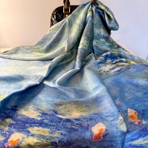 Silk Scarf for Women, 100% Luxury Silk, Monet Water Lilies Design, Lightweight Silk Scarf, Gift for Her, Birthday, Anniversary, Gift Box