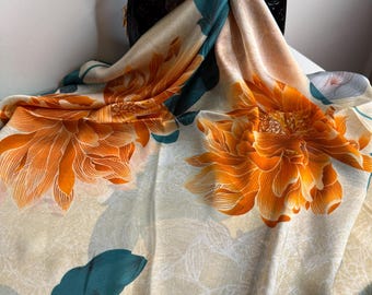Large Floral Silk Scarf, Orange Flower and Teal Leaf Print Shawl, Pure Silk Wrap for Women, Elegant Lightweight Scarf, Gift for Her