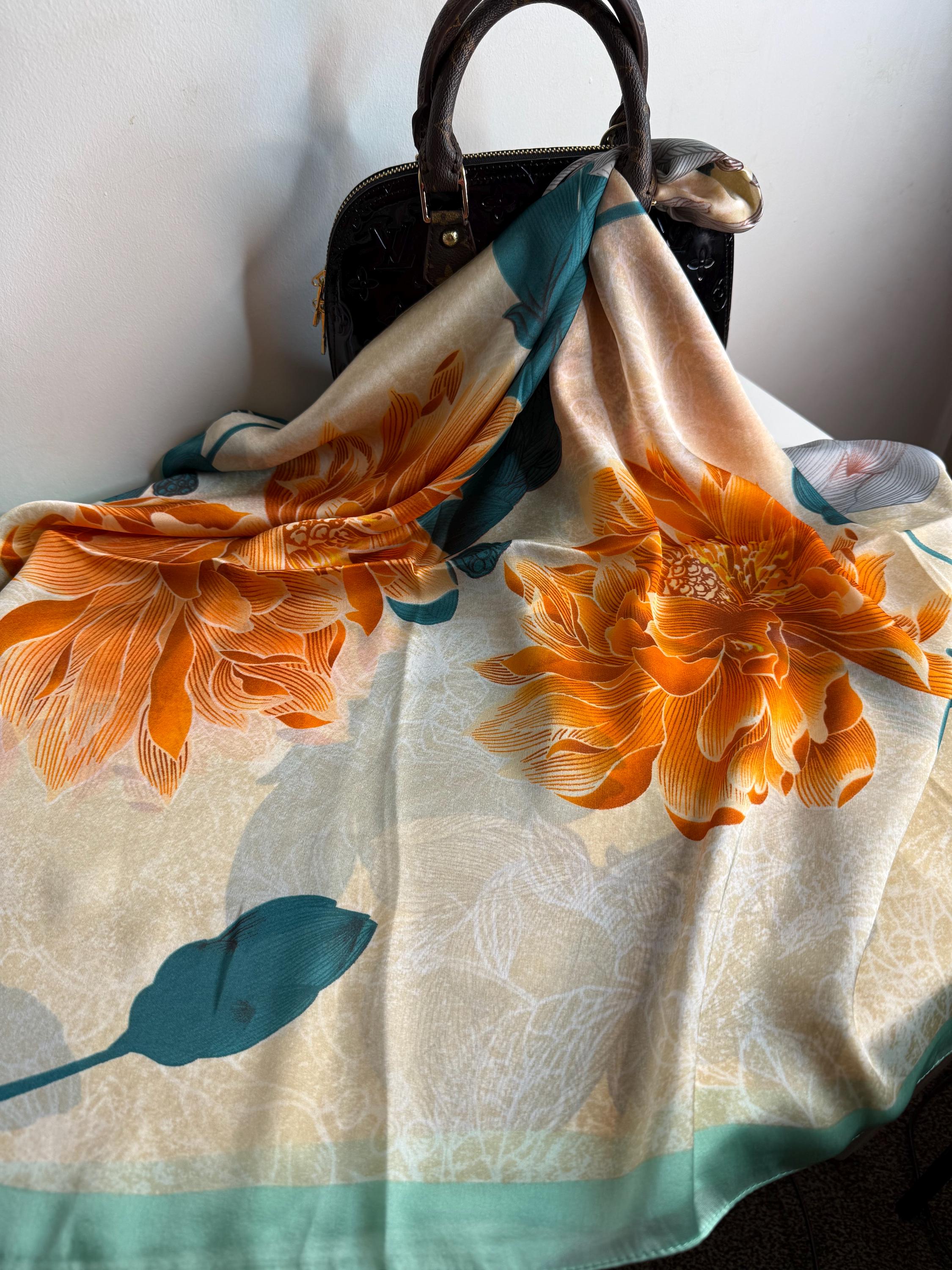 Écharpe Foulard En Soie Orange – Motif Floral – Accessoire Femme Vintage
