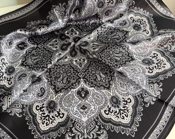 Black and White Mulberry Square Silk Scarf, Paisley Vintage Lightweight Neck Scarf, Luxury Silk Fashion Accessory, Birthday Gift for Her