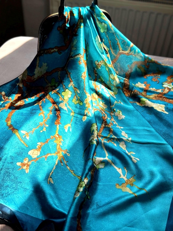 100% Silk Scarf Van Gogh Blue Art Print | Luxury Oversized Shawl Wrap for Women | Elegant Gift for Her, Birthday, Wedding, Anniversary