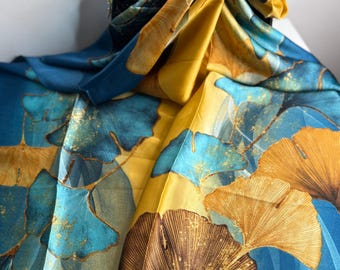 Blue & Gold Ginkgo Leaf Silk Scarf: Botanical Shawl Wrap