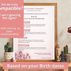May include: A framed relationship reading based on birth dates, with text that reads "Are we truly compatible?" and "Find clarity in your relationship." The image includes decorative elements like plants and figurines.