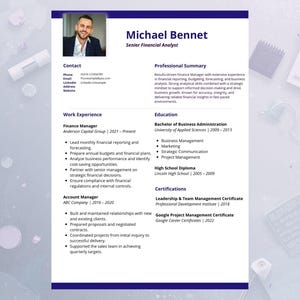 May include: A professional resume template featuring a dark blue header with the name Michael Bennet and the title Senior Financial Analyst. It includes sections for contact information, a professional summary, work experience, education, and certifications.