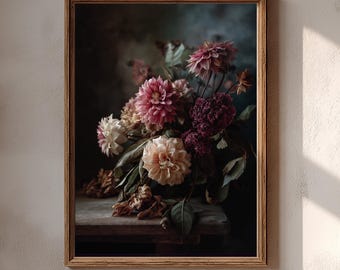Dark Botanical Dahlia Fine Art Print | Moody Wall Art Flowers |  Digital Download