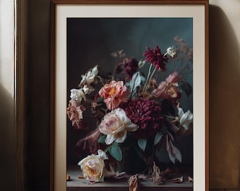 May include: A framed art print featuring a still life of flowers. The bouquet includes white, pink, and burgundy blooms. The artwork is displayed in a brown wooden frame with a cream-colored mat, set against a dark background.