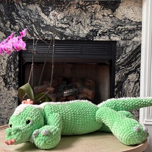 Handmade Crochet Sleepy Komodo Dragon Plush, Green Fantasy Creature, Large Soft Amigurumi