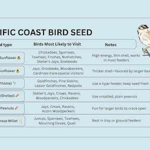 May include: Informative chart detailing Pacific Coast bird seed types and the birds they attract. Includes Black Oil Sunflower, Striped Sunflower, Nyjer, Peanuts, In-Shell Peanuts, and White Proso Millet. A detailed guide for bird enthusiasts.
