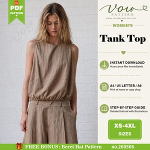 May include: A PDF sewing pattern for a sleeveless tank top in a light brown color. The pattern includes an instant download, A4, US Letter, and A0 formats, a step-by-step guide with illustrations, and sizes ranging from XS to 4XL, plus a bonus beret.
