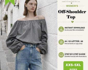 Off-Shoulder Puff Sleeve Top Sewing Pattern, Loose Fit Blouse (Digital Download)