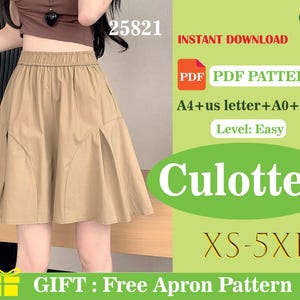 May include: A beige culottes skirt with an elasticated waistband. The image includes text that says "Culottes" and "XS-5XL". The image also says "Instant Download" and "PDF Pattern".