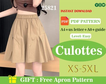 Patrón de costura para falda pantalón de mujer, shorts con cintura elástica y falda acampanada (descarga en PDF)