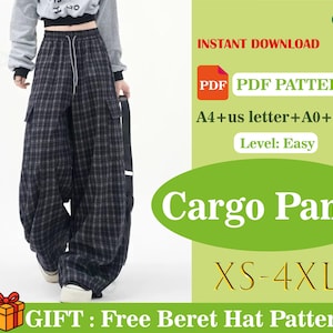 Könnte beinhalten: Schwarz-graue karierte Cargohose mit Kordelzugbund und Taschen. Das Bild enthält den Text "Cargo Pants" und "XS-4XL". Das Bild zeigt auch "Sofort-Download" und "PDF PDF Pattern".
