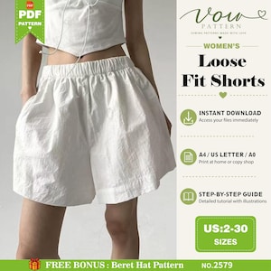 Może przedstawiać: Cyfrowy wykroj krawiecki na luźne szorty, przedstawiający białe spodenki z elastycznym pasem. Tekst zawiera Vow Pattern, Loose Fit Shorts, Instant Download, A4/US Letter/A0, Step-by-Step Guide oraz US: 2-30 Sizes.