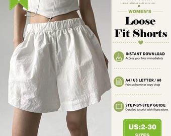 Patrón de shorts holgados para mujer / Archivo digital PDF / Ropa casual de verano / Diseño con cintura elástica / Guía de costura para principiantes