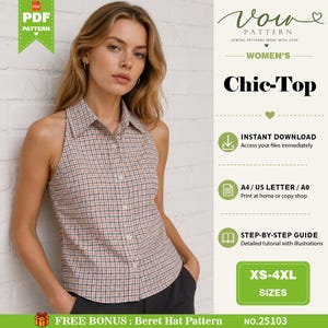 May include: A sleeveless collared button-down top with a beige, red, and dark green plaid pattern. The image includes text: Vow Pattern, Chic-Top, Instant Download, A4/US Letter/A0, Step-by-Step Guide, XS-4XL Sizes, and Free Bonus: Beret Hat Pattern.