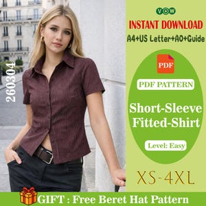 Wykrój PDF na koszulę damską z krótkim rękawem, klasyczną bluzkę zapinaną na guziki, wykrój na koszulę letnią, do pobrania natychmiast, cyfrowy wykrój