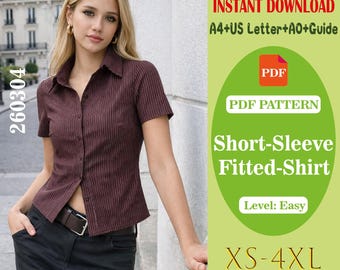 Patrón de costura en PDF para camisa de manga corta para mujer, blusa clásica abotonada, patrón de camisa de verano, descarga instantánea, patrón de costura digital