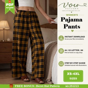 May include: A digital sewing pattern for pajama pants featuring a yellow and black plaid design. The document includes text for Vow Pattern, Pajama Pants, Instant Download, A4/US Letter/A0, Step-by-Step Guide, sizes XS-4XL, and Free Bonus Beret Hat Pattern.
