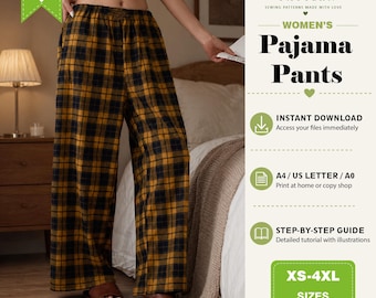 Cartamodello PDF per pantaloni da pigiama da donna, pantaloni da casa con elastico in vita, vestibilità comoda, adatti anche ai principianti.