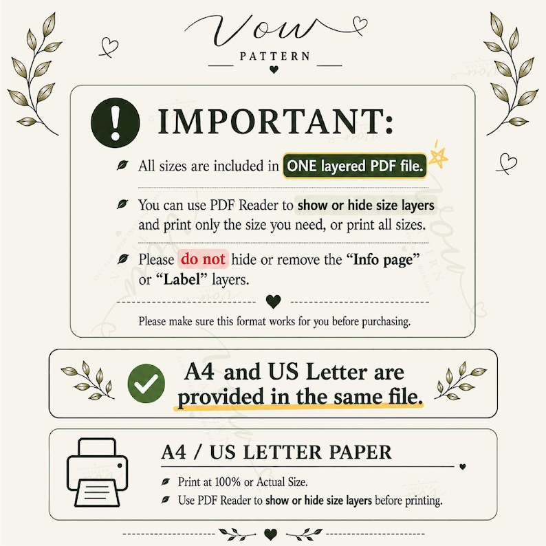 May include: An informational graphic for Vow Pattern with a beige background and dark green text. It explains that all sizes are in one layered PDF file, allowing users to show or hide layers, and confirms A4 and US Letter formats are included.