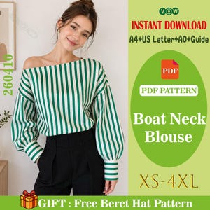 Könnte beinhalten: Eine Frau trägt eine grün-weiß gestreifte Bootshals-Bluse mit langen Ärmeln. Das Bild enthält Text mit der Aufschrift "INSTANT DOWNLOAD", "PDF PATTERN", "Boat Neck Blouse" und "XS-4XL". Eine Geschenkbox-Grafik ist ebenfalls vorhanden.