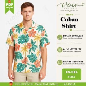 Pode incluir: Uma camisa de manga curta com gola cubana apresentando uma estampa tropical de flores de hibisco laranja e folhas de monstera verdes em um fundo creme. A imagem inclui texto para um molde de costura Vow Pattern de camisa cubana.