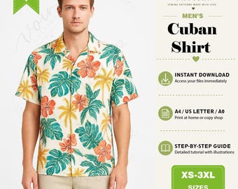 Men’s Cuban Collar Shirt Sewing Pattern PDF, Relaxed Fit Short Sleeve Shirt, Vintage Style Camp Collar Top, Summer Holiday Casual Shirt