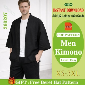以下が含まれることがあります： 白いTシャツの上に、黒い着物ジャケットとショーツを着た男性。画像には「Men Kimono」と「XS-3XL」という文字が含まれています。画像には「Instant Download」と「Free Beret Hat Pattern」とも書かれています。
