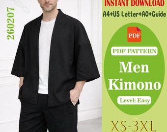 Patrón de costura en PDF para kimono japonés de hombre, chaqueta haori para hombre, apto para principiantes, imprimible en tamaño A4 (tamaño carta estadounidense).