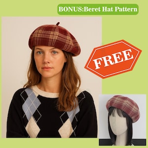 Peut inclure: Un b&eacute;ret &agrave; carreaux bordeaux et beige. La personne sur l'image porte un pull noir avec un motif losanges bleu et blanc. L'image comprend le texte "BONUS: Beret Hat Pattern" et un octogone rouge avec le mot "FREE".