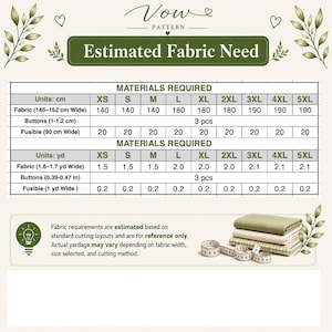 May include: A Vow Pattern chart titled Estimated Fabric Need displays material requirements in centimeters and yards for sizes XS to 5XL. The table lists fabric, buttons, and fusible needs, accompanied by a stack of folded fabric and a measuring tape.