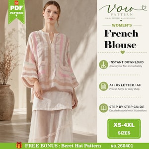 Könnte beinhalten: Ein digitales Schnittmuster für eine französische Bluse mit V-Ausschnitt und weiten Ärmeln. Die Bluse hat ein Streifenmuster in Rosa-, Beige- und Weißtönen. Das Dokument enthält Text für Sofort-Download, A4, US Letter und A0-Formate.