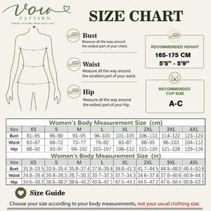 May include: A Vow Pattern size chart featuring a line drawing of a body with bust, waist, and hip measurement points. It includes recommended height of 165-175 cm or 5'5"-5'9", cup size A-C, and two tables listing body measurements in cm and inches.