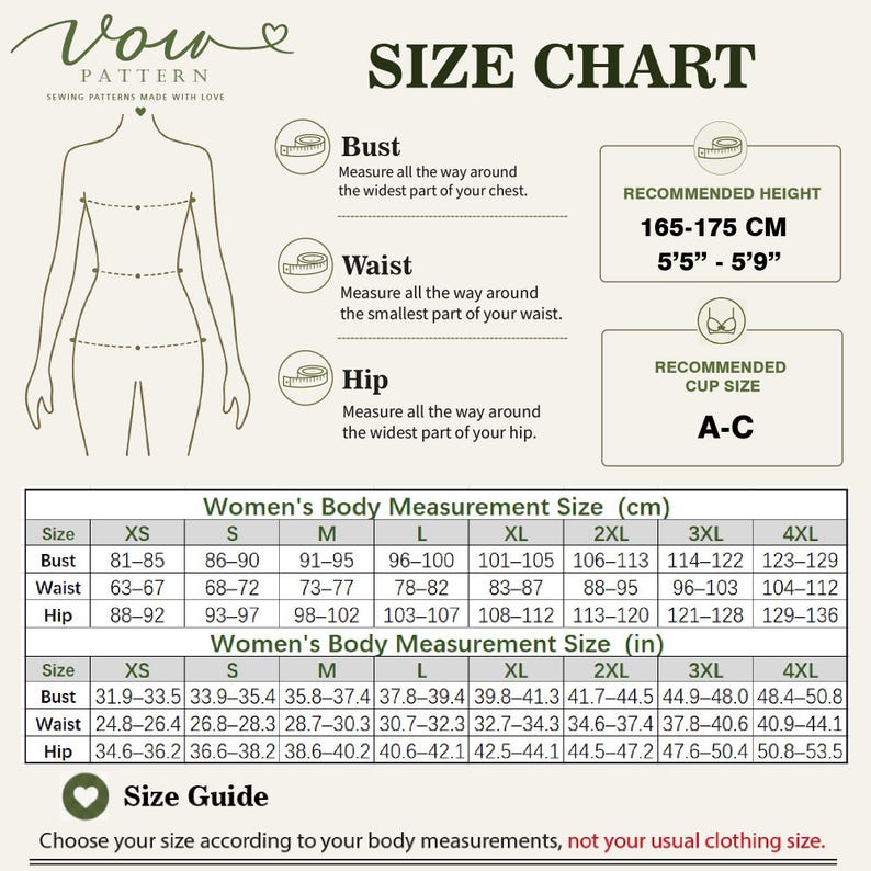 May include: A Vow Pattern size chart featuring a line drawing of a body with bust, waist, and hip measurement points. It includes recommended height of 165-175 cm or 5'5"-5'9", cup size A-C, and two tables listing body measurements in cm and inches.